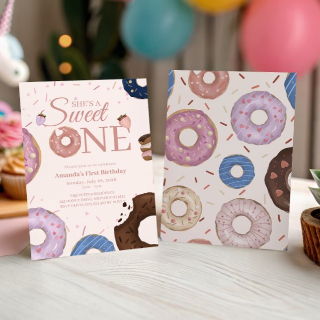 Girls Sweet ONE Doughnut Pastel First Birthday Invitation (Creator Uploaded)