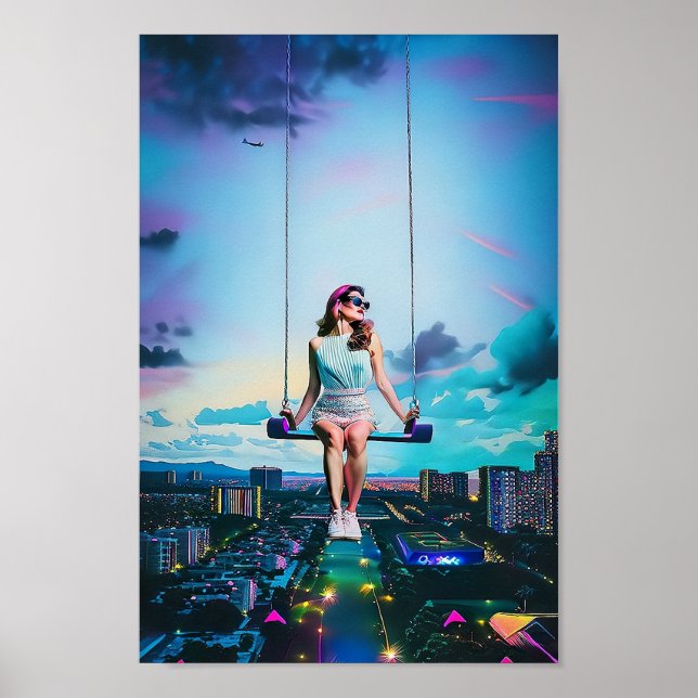 Girl's Swing Ride Above Synthwave City Poster (Front)