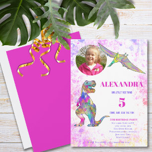 Girls T Rex 5th Birthday Photo Pink Invitation