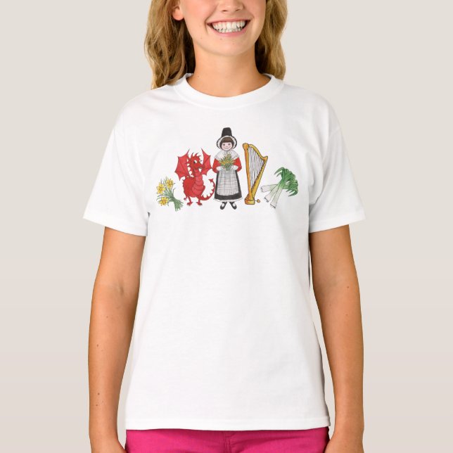 Girls T-shirt: Welsh Daffodils Dragon Leeks Harp T-Shirt (Front)