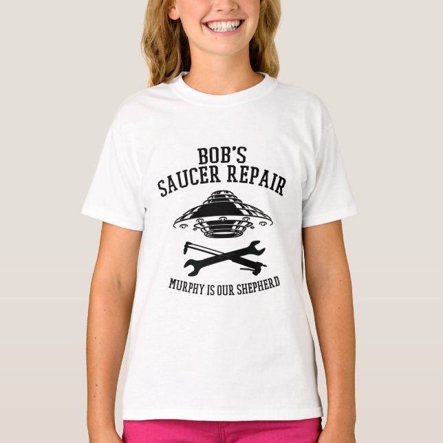 Girl's t-shirt with black Bob's Saucer Repair logo (Front)