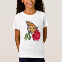 Girls T-Shirt with Monarch Butterfly on Red Rose