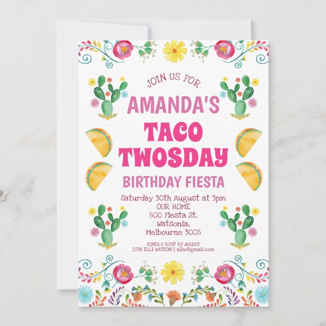 Girls Taco Twosday Floral Fiesta 2nd Birthday Invi Invitation (Front)