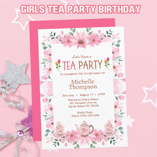 Girls Tea Party 5th Birthday Invitation