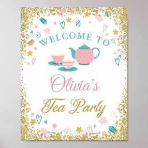 Girls Tea Party Gold Glitter Birthday Welcome Sign