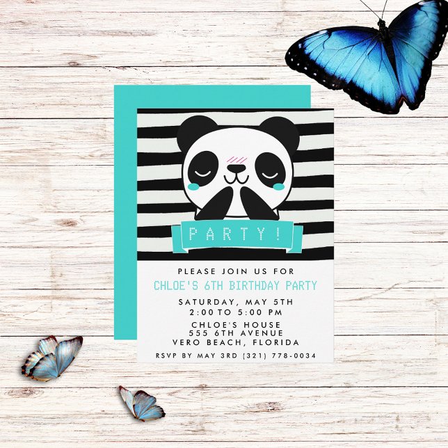Girl's Teal and Black Cute Panda Birthday Party Invitation (Creator Uploaded)