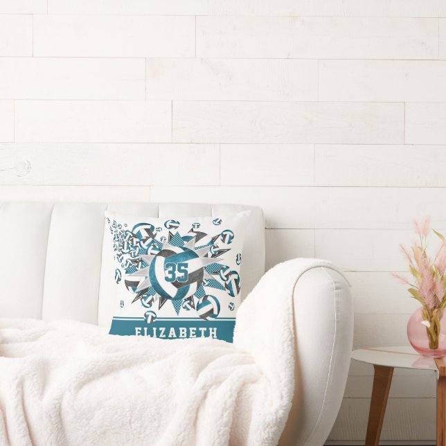 girls teal black volleyballs stars athlete name cushion (Couch)