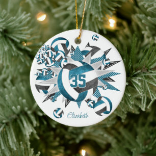 girls teal black volleyballs stars keepsake ceramic tree decoration