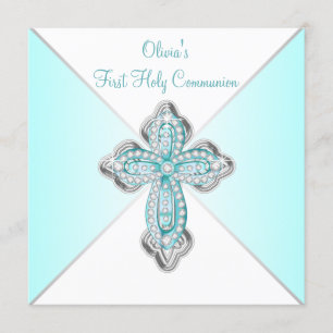 Girls Teal Blue First Communion Invitation