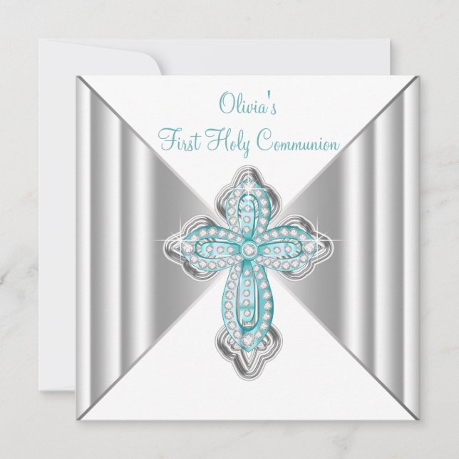 Girls Teal Blue First Communion Invitation (Front)