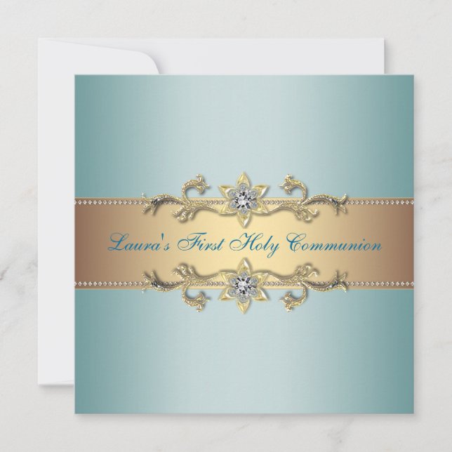 Girls Teal Blue First Communion Invitation (Front)