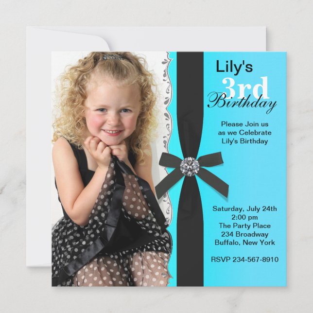 Girls Teal Blue Photo Birthday Party Invitation (Front)