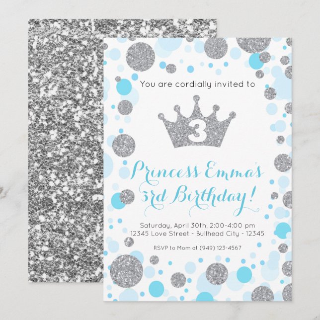 Girl's Teal Blue Silver Glitter Princess Birthday Invitation (Front/Back)