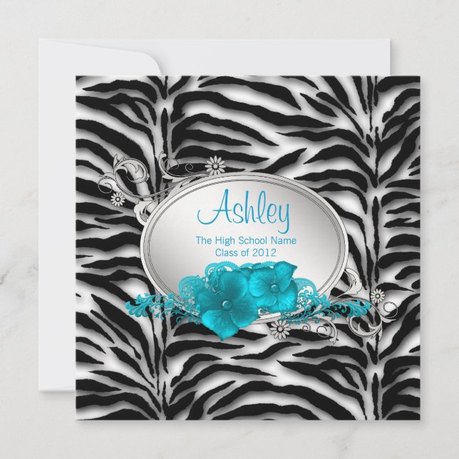 Girls Teal Blue Zebra Graduation Announcements (Front)
