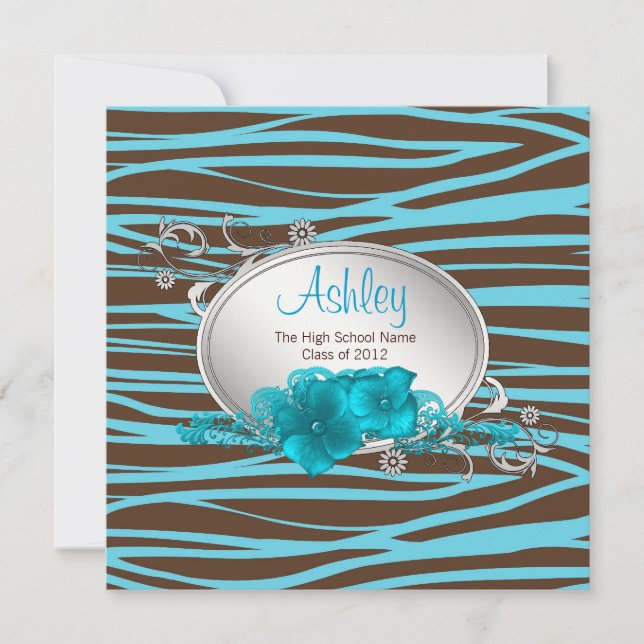 Girls Teal Blue Zebra Graduation Announcements (Front)
