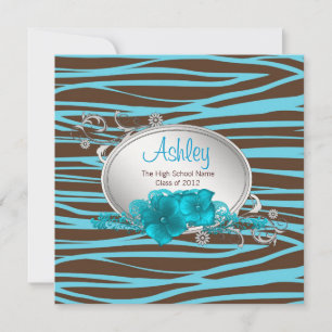 Girls Teal Blue Zebra Graduation Announcements