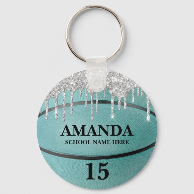 Girls Teal Glitter Drip Basketball Keychain (Front)