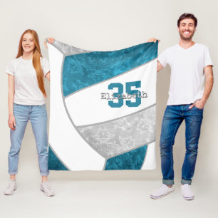 girls teal gray volleyball custom name fleece blanket