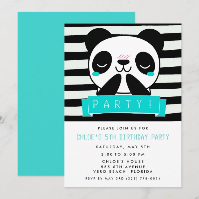 Girl's Teal Panda 5th Birthday Party Invitation (Front/Back)