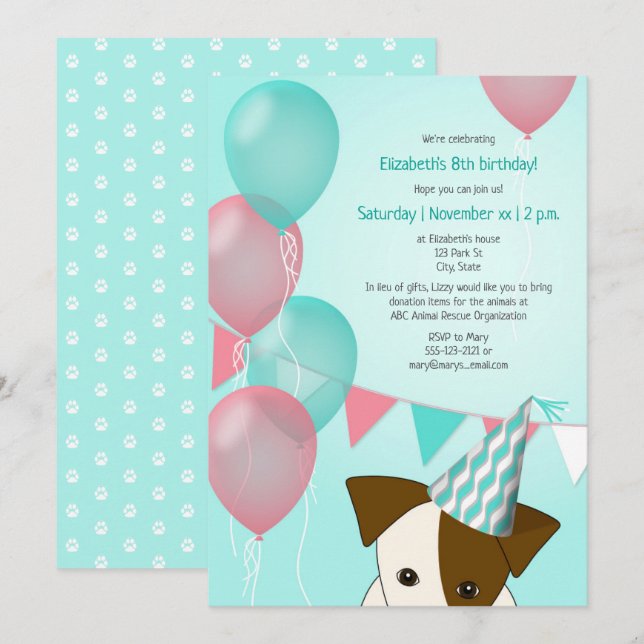girls teal pink balloons puppy birthday party invitation (Front/Back)