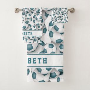 Girls teal white soccer balls pattern personalised bath towel set