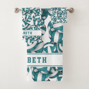 Girls teal white volleyballs pattern personalised bath towel set