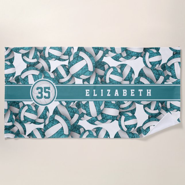 Girls teal white volleyballs pattern personalised beach towel (Front)