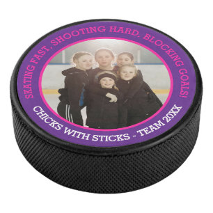 Girls team photo and slogan purple pink  hockey puck