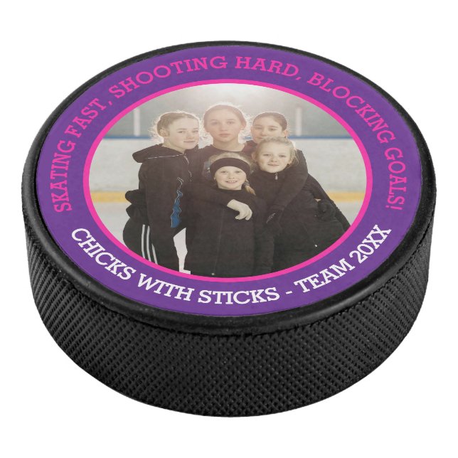 Girls team photo and slogan purple pink  hockey puck (3/4)