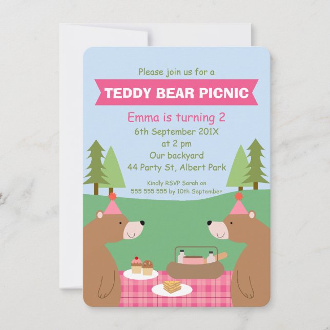 Girls Teddy Bear Picnic Banner Birthday Invitation (Front)