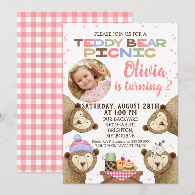 Girls Teddy Bear Picnic Photo Birthday Invitation (Front/Back)