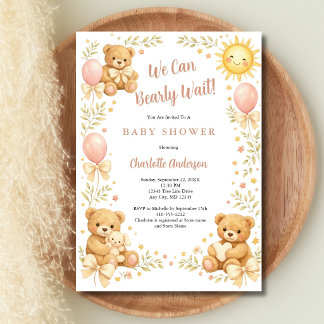 Girls Teddy Bear We Can Bearly Wait Baby Shower Invitation
