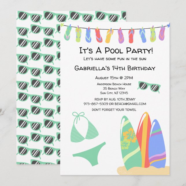 Girls Teen Pool Party Bikini Birthday Invitation (Front/Back)