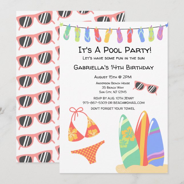 Girls Teen Pool Party Bikini Birthday Invitation (Front/Back)