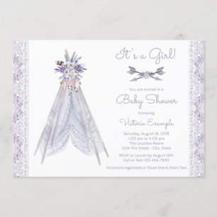 Girls TeePee Baby Shower Invitation Lavender Lace