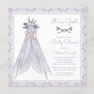 Girls TeePee Baby Shower Invitation Lavender Lace
