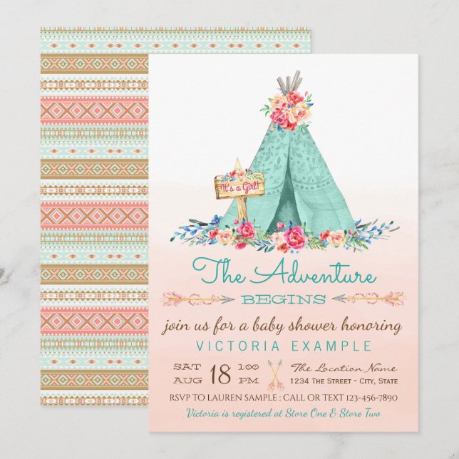 Girls TeePee Baby Shower Invitations (Front/Back)