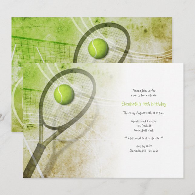 Girl's tennis birthday party invitation (Front/Back)