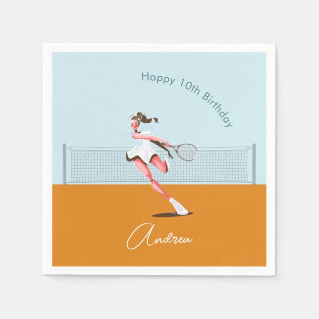 Girl's Tennis Player Birthday Cartoon Illustration Napkin (Front)