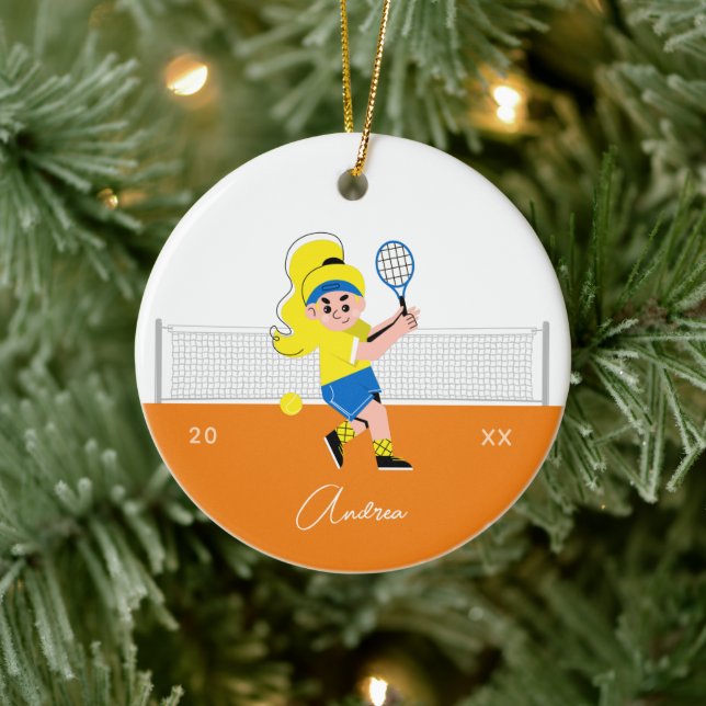 Girl's Tennis Player Blonde Hair Kid's Name & Year Ceramic Tree Decoration (Tree)