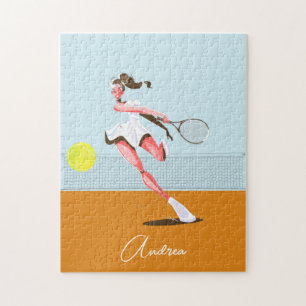 Girl's Tennis Player Cartoon Illustration & Name Jigsaw Puzzle