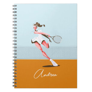 Girl's Tennis Player Cartoon Illustration & Name  Notebook