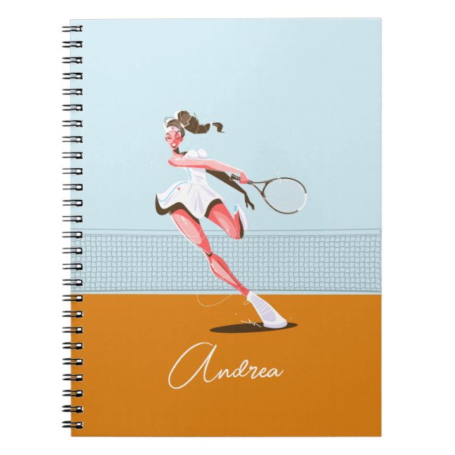 Girl's Tennis Player Cartoon Illustration & Name  Notebook (Front)
