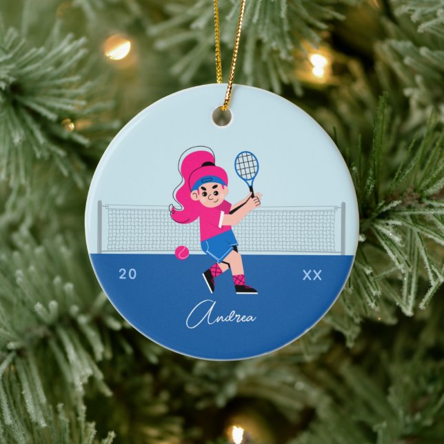 Girl's Tennis Player Pink Hair Kid's Name & Year Ceramic Tree Decoration (Tree)