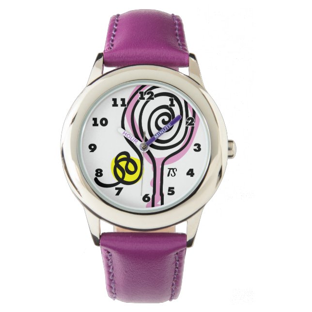 Girl's tennis watch with cute racket and monogram (Front)