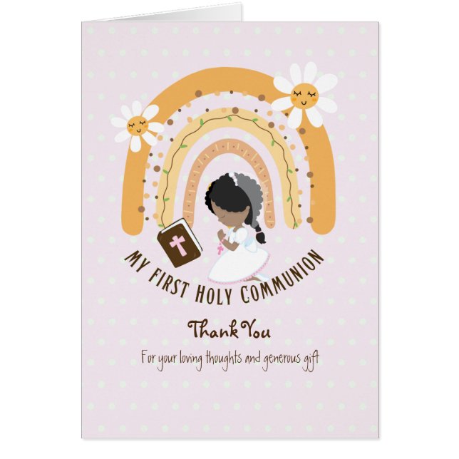 Girl's Thank You Holy Communion Card - Black Hair  (Front)