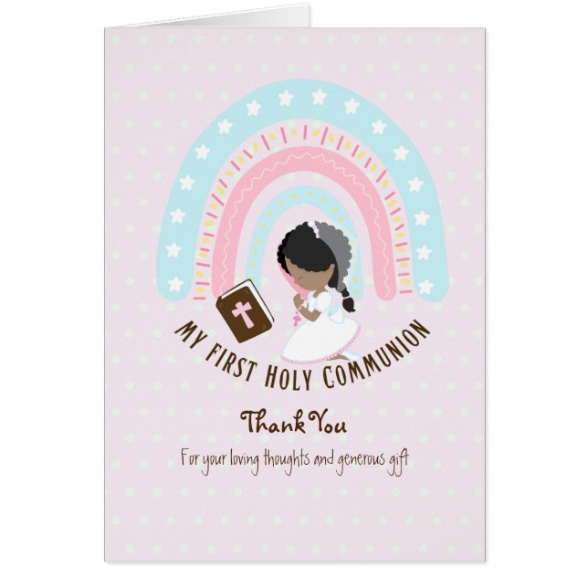 Girl's Thank You Holy Communion Card - Black Hair  (Front)