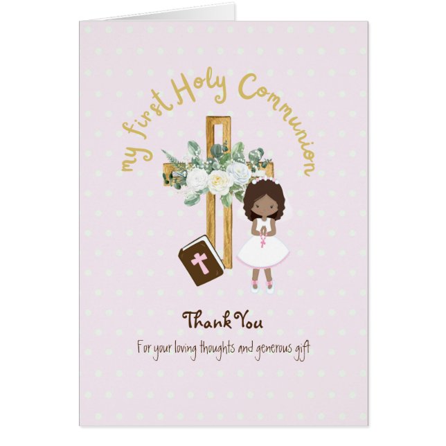 Girl's Thank You Holy Communion Card - Brown Hair  (Front)