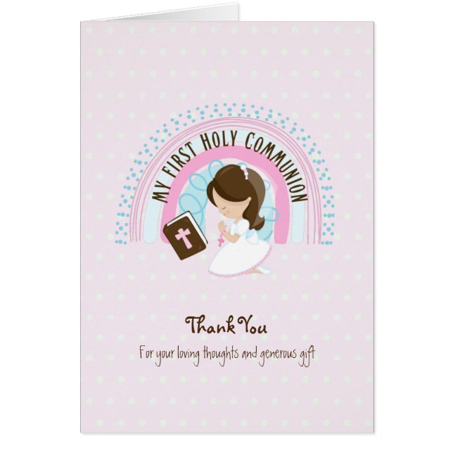 Girl's Thank You Holy Communion Card - Brunette (Front)