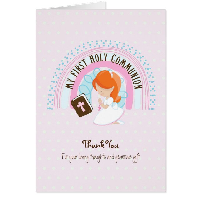 Girl's Thank You Holy Communion Card - Red Hair (Front)